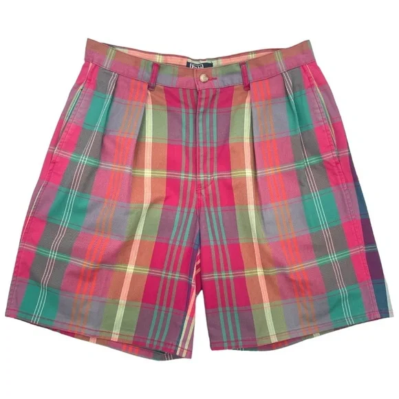 Vintage Polo by Ralph Lauren Mens Madras Plaid Shorts, Pleated, Size 33